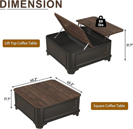 40 Inch Farmhouse Lift Top Coffee Table with Charging Station & Hidden Storage - Square Center Table with Adjustable Lifting Top, Large Storage Cabinet for Living Room, Bedroom, Home Office, Black
