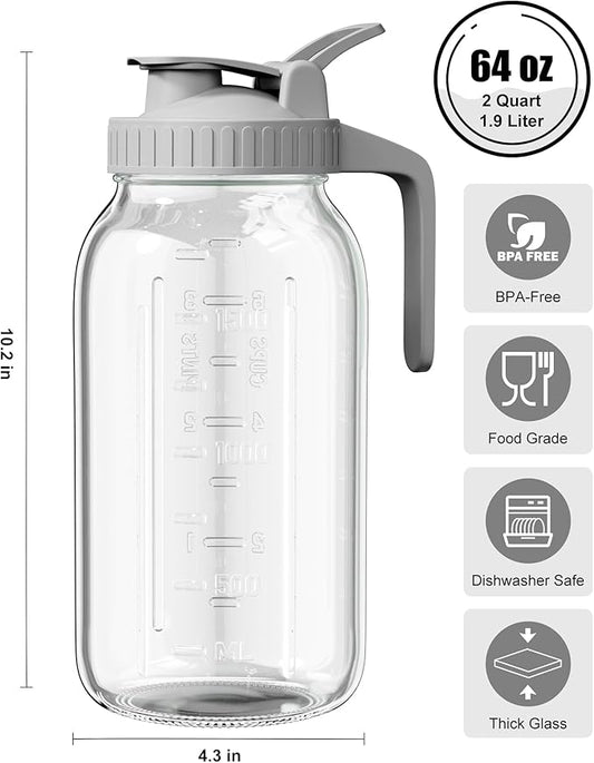 OneDream Glass Pitcher with Lid – 64oz Glass Mason Jar Pitcher with Wide Mouth, Airtight Seal, Leak-Proof, Spout Design – Ideal for Iced Tea, Sun Tea, Cold Beverages, and Home Entertaining