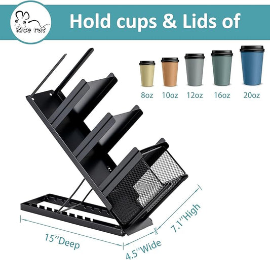 Rice rat Coffee Cup Holder Organizer 4 Compartment Disposable Cup Dispenser, Cup and Lid Holder with Mesh Basket for Countertop Coffee Station Bar, Black