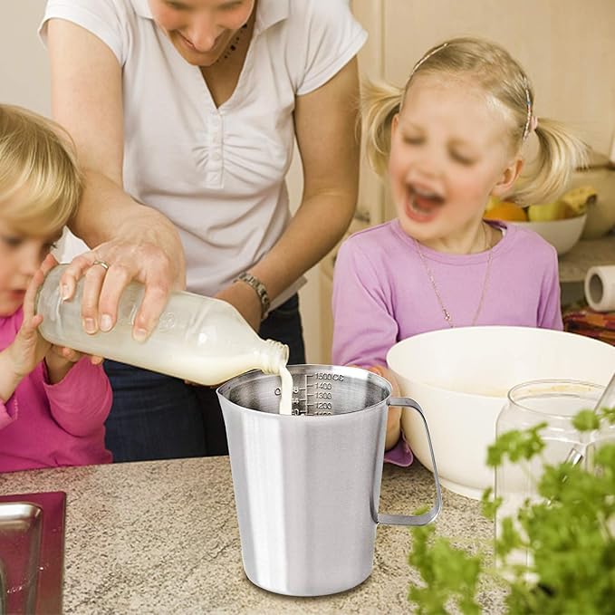 KSENDALO 48oz/6Cup SUS304 Stainless Steel Measuring Cup - Precision Engraved Markings for Liquid, Coffee, Milk & Espresso - 1.5Liter Kitchen Mixing Pitcher, Canister & Container for Baking & Frothing