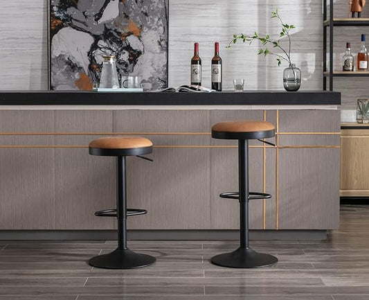 Round Swivel Counter Height Bar Stools Set of 3 Modern Adjustable Barstools Backless PU Leather Bar Chairs Industrial Island Chairs with Metal Base/Footrest for Kitchen Island/Pub/Bar, Brown