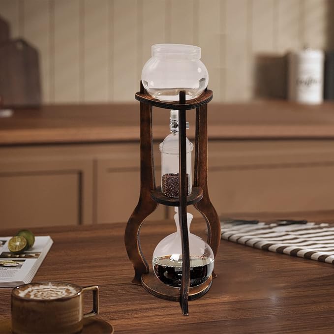 Iced Coffee Cold Brew Drip Tower Coffee Maker, Wooden Ice Coffee Machine, Stainless Steel and Borosilicate Glass, Long Neck Sharing Pot, with Measuring Spoon (Brown)