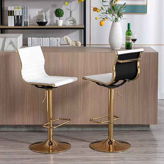 White Barstools Bar Height Set of 3 Adjustable Faux Leather Counter Height Bar Stool Chair with Back for Kitchen Island Breakfast Bar (White with Gold Base, 3 Pack)