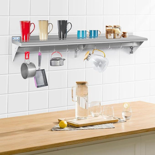 Hally Stainless Steel Shelf with 9 Hooks 18" x 60" Wall Mounted Pot Rack 450lb, NSF Commercial Floating Shelving for Storage Hanging Pots, Pans, cookware in Restaurant, Kitchen, Home and Hotel