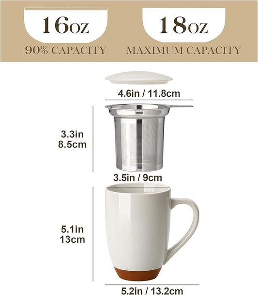 MALACASA Ceramic Tea Mug with Lid and Stainless Steel Infuser, 18 oz Large Tea Cup for Loose Leaf Tea, Heat-Resistant, Microwave & Dishwasher Safe, Speckled Glaze Coffee & Tea Brewer Mug, Khaki Gray