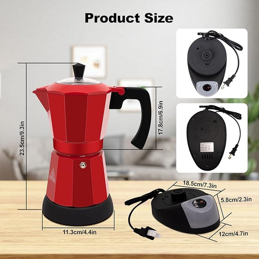 Vaolvpant Electric Aluminum Moka Pot 5-6 Cup 270ml Espresso Maker with Detachable Base Ideal Coffee Makers for Home MochaPot Italian and Cuban Café Coffeemaker Espressomaker CoffeePot Red