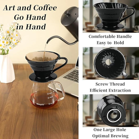 Mongdio Ceramic Pour Over Coffee Dripper, Reusable Porcelain Portable Pour Over Coffee Maker, Slow Brewing Accessories with 1 Holes for Home - Size 02 Black