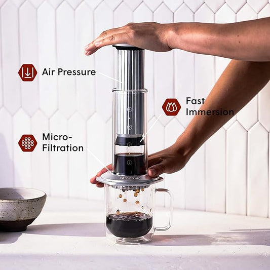 AeroPress Premium Coffee Press, Glass, Stainless Steel & Aluminum Coffee Maker, All-in-One French Press, Pour-Over & Espresso Style Manual Brewer, 2 Min Brew for Less Bitterness, More Flavor, Silver