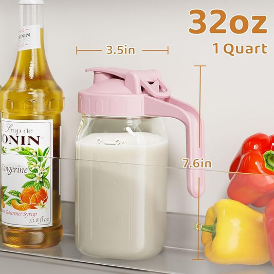 Breast Milk Pitcher, Mason Jar 32 oz, Heavy Duty Wide Mouth Jar with Pink Flip Cap Lid and Pour Spout, Airtight Seal for Freshness and Convenience, Great for Cold Beverages and Home Entertaining