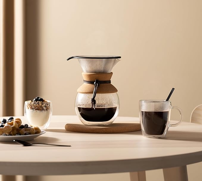 Bodum 34oz Pour Over Coffee Maker, High-Heat Borosilicate Glass with Reusable Stainless Steel Filter and Double Wall Cork Grip - Made in Portugal