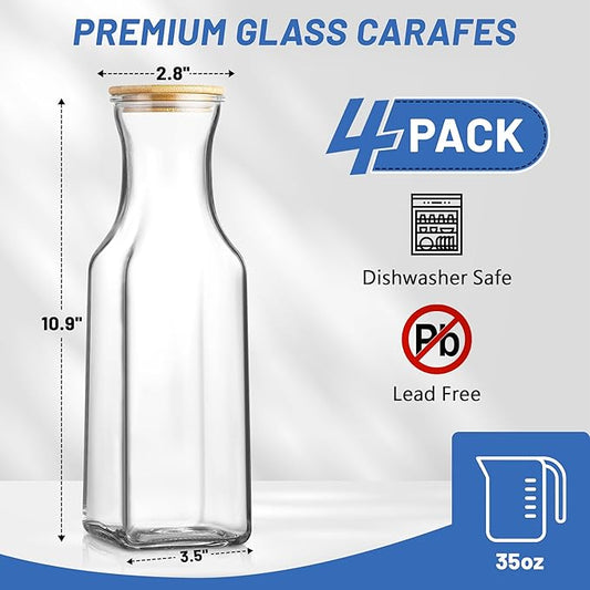 35 Oz Square Glass Carafe with Bamboo Lid, Beverage Dispensers,Mimosa Bar Supplies,Clear Glass Pitcher with Name Labels for Iced Tea,Coffee,Juice(Pack of 4)
