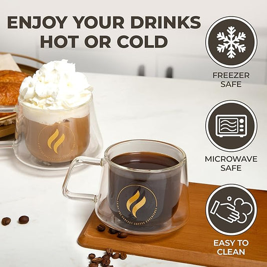 GLORAMA Double Walled Glass Coffee Mugs - 10oz Coffee Mugs for Tea, Espresso, & Cappuccino - Freezer & Microwave Safe Coffee Mugs Set of 4