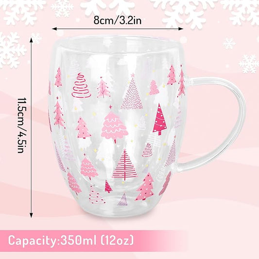 JarThenaAMCS Christmas Double Wall Glass Coffee Mugs 12oz Cute Pink Xmas Tree Insulated Glasses Clear Espresso Cups with Handle for Home Holiday Supplies, Set of 2