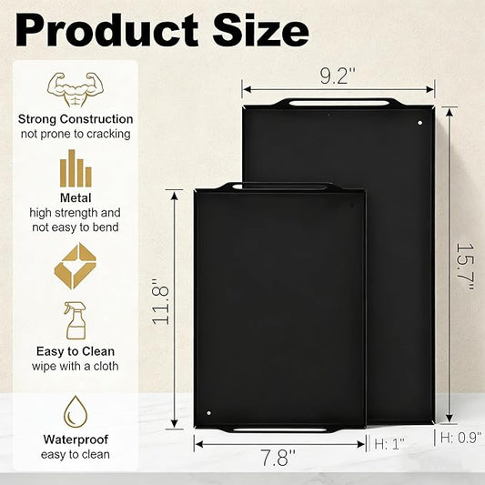 Peohud 2 Pack Black Metal Serving Tray, Decorative Coffee Table Tray with Handles, Vanity Platter Breakfast Tray for Eating, Storing, Bedroom, Kitchen, Living Room, Bathroom