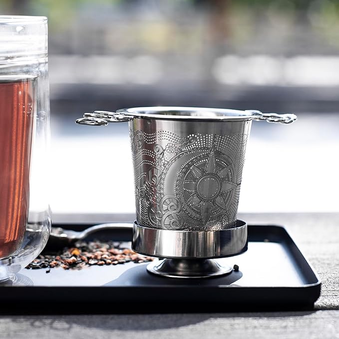 Stainless Steel Tea Infuser Basket - Engraved Floral Strainer with Crystal Chain, Fine Mesh Filter for Loose Leaf Tea, Ergonomic Handle & Gift Box