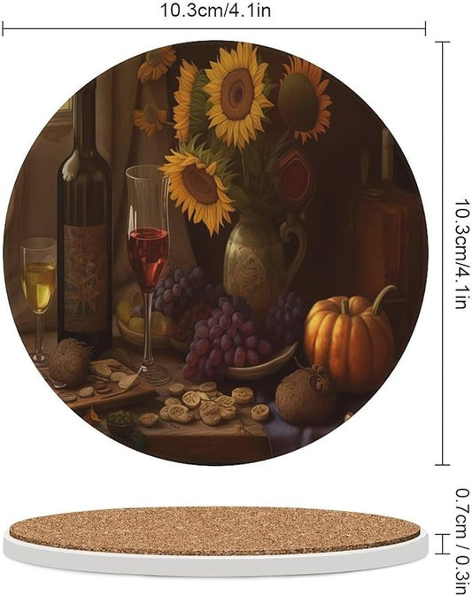 Round-6PCS Red Wine Ceramic Coasters, Round Absorbent Drink Coasters, Retro Red Wine Bottle and Grapes Fruit Sunflower Pattern Ceramic Table Coasters for Coffee, Beverage, Wine, Beer Coasters