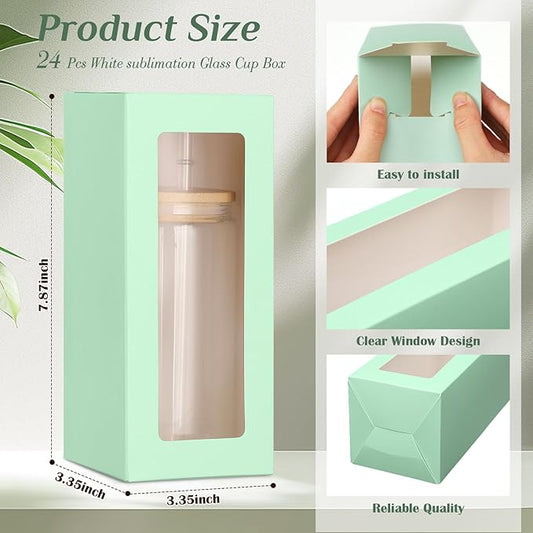 Honoson 24 Pcs Tumbler Gift Box with Ribbon for Sublimation Glass Exhibition Boxes Transparent for 12oz 16oz 20oz Drinking Cup Glasses Jars Mug Can Blanks(Mint Green)
