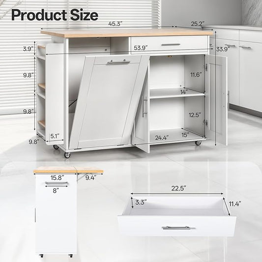 53.9" Rolling Kitchen Island Cart with Drop Leaf & Storage - Mobile Kitchen Organizer with Wheels, Rubberwood Top, Trash Bin Cabinet & Towel Rack, White Farmhouse Style for Small Spaces