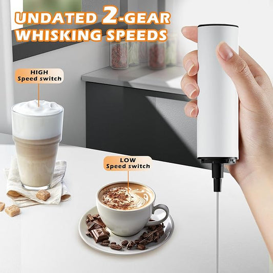 Electric Milk Frother Handheld Rechargeable with Cover-Coffee Frother Wand, Drink Mixer Handheld with 2 Detachable Stainless Whisks 2 Speed Adjustable for Latte, Cappuccino, Matcha, Egg (White)