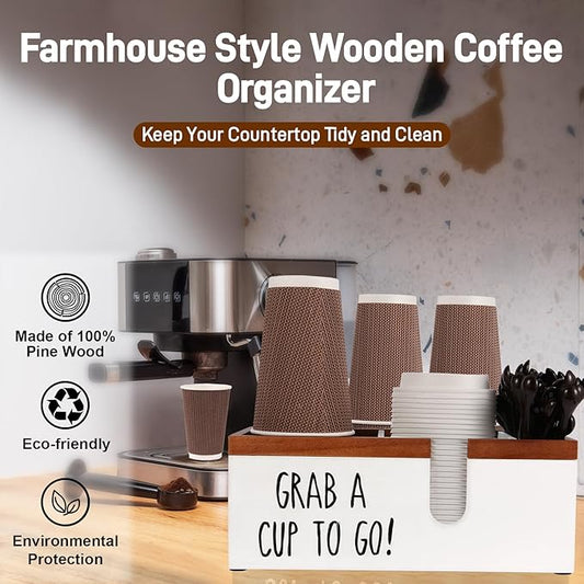 100% Wooden Coffee Cups Holder with U-Shape Cutout Design for Countertop-Coffee Bar Organizer for Cups, Lids, Pods, Stirrers, and Accessories, Great Gift for Home or Office (White)