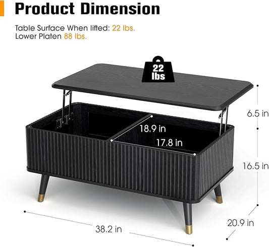 Lift Top Coffee Table with Storage, Modern Black Fluted Design, Pop-Up Center Table with Hidden Compartment for Living Room & Home Office Work/Dining