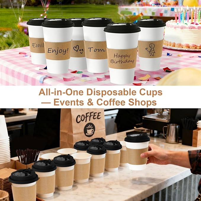 Coolcap 12 oz 100 Pack Coffee Cups with Lids and Sleeves, Straws, Hot Disposable To Go Travel Paper Cups Bulk for Office, Home Coffee Bar Accessories, Chocolate, Cocoa, Beverage (White)