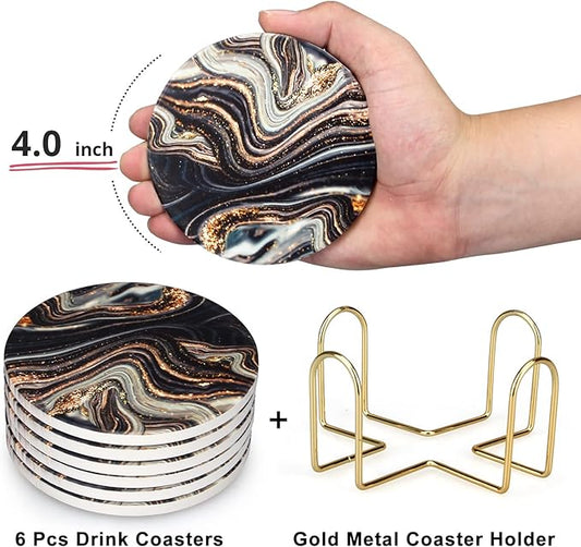 6 Pcs Black and Gold Marble Coasters with Holder Best Round Absorbent Coasters for Drinks, Coffee, Beer, Table Marble Personalized Coaster Sets