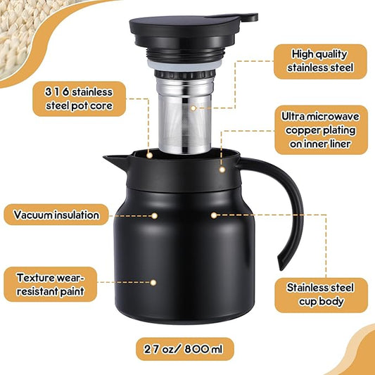 2 Pcs Thermal Coffee Carafe for Keeping Hot/Cold Stainless Steel Small Coffee Creamer Container Double Wall Vacuum Insulated Tea pot Beverage Dispenser for Milk Hot Chocolates(Black,27 oz)