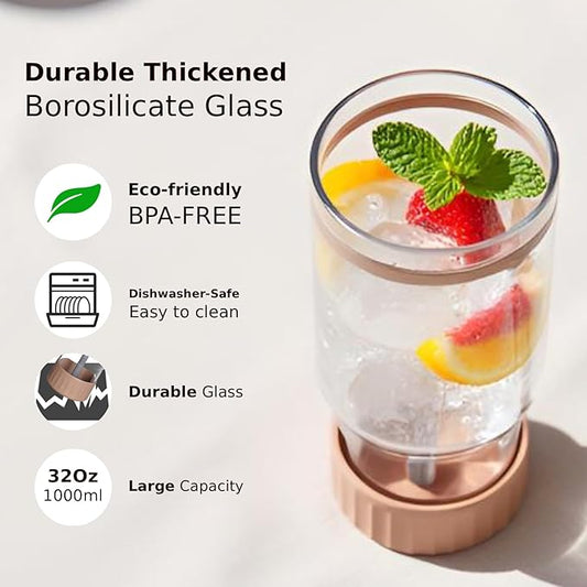 32 oz Plastic-free Borosilicate Glass Tumbler with Stainless Steel Straw and Tempered Glass Lid, Reusable Coffee Cup with Handle, Large Glass Travel Mug (Dune Rose)