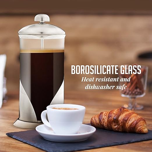 OVENTE French Press Coffee Maker 34 Ounce with Heat Resistant Borosilicate Glass, Stainless Steel Design and 4-Level Filter System, Portable Cold Brewer Pot for Travel, Camping or Gift, Silver FSL34S