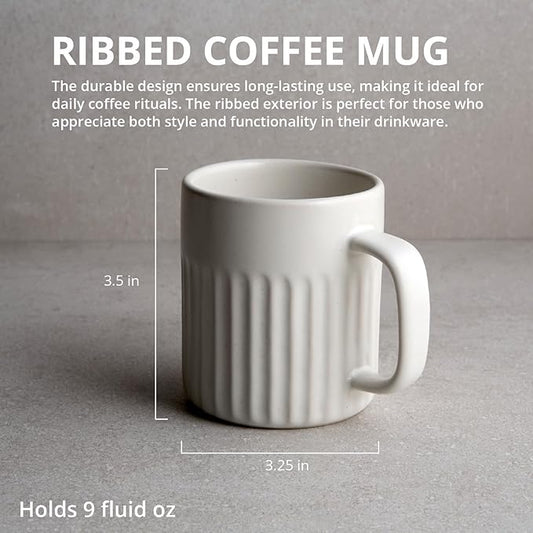 Goodies White Ribbed Coffee Mugs (Set of 4), Handmade Ceramic, Glazed, Dishwasher Safe, Microwave Safe, Secure Grip, Ergonomic Shape, Modern, 9 oz