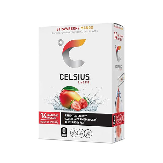 CELSIUS On The Go Strawberry Mango, Sugar Free Energy Drink Mix (14 Sticks per Pack) (Pack of 2)
