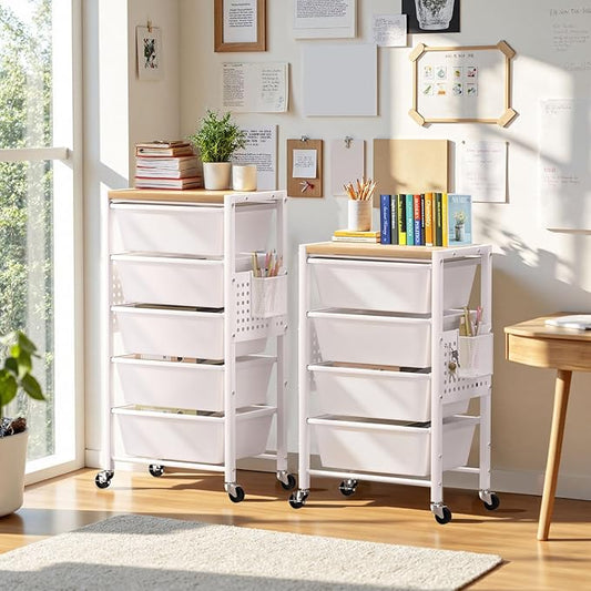 Rolling Cart with 4 Drawers, Plastic Drawer Storage Carts with Wheels & Wooden Tabletop, Metal Utility Cart with Pegboards, Office Living Room Classroom Craft Organization and Storage, Bright White
