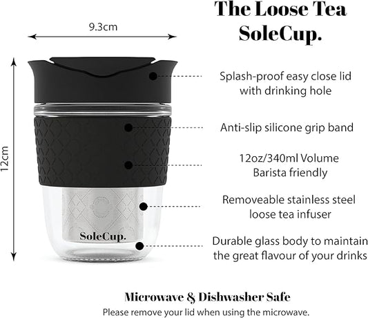 Travel Mug Loose Tea Infuser - Detachable Tea Strainer with Spillproof Lid - BPA-Free Reusable Glass Travel Coffee Cup with Silicone Band (Black, 12oz)