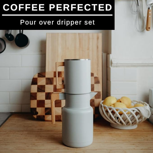 HASTINGS 50 Oz Pour Over Coffee Maker Set with Double Layer Reusable Stainless Steel Filter 8-Cup and Wood Handle - Dual Wall Heat Resistant Drip Coffee Brewer, Pour Over Coffee Dripper Carafe, Gray