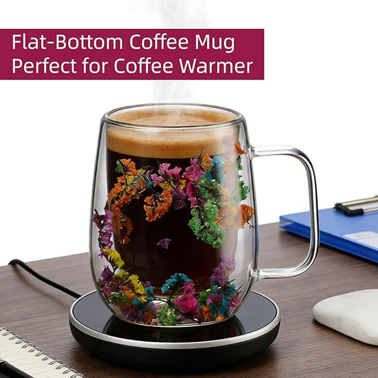 Dried Flowers Double Wall Insulated Coffee Mug, Borosilicate Glass Tea Cup with Real Flower Embedded, Heat Resistant Handle for Valentine's Day Birthday Gifts (pink,8.45oz)