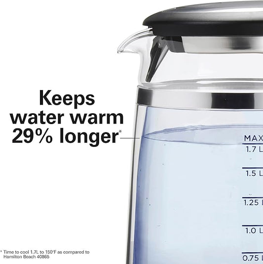 Hamilton Beach Double Wall 1.7L Electric Kettle, Water Boiler & Heater, Built-In Mesh Filter, Auto-Shutoff & Boil-Dry Protection, Cordless Serving, Variable LED Indicator, Glass (40850)