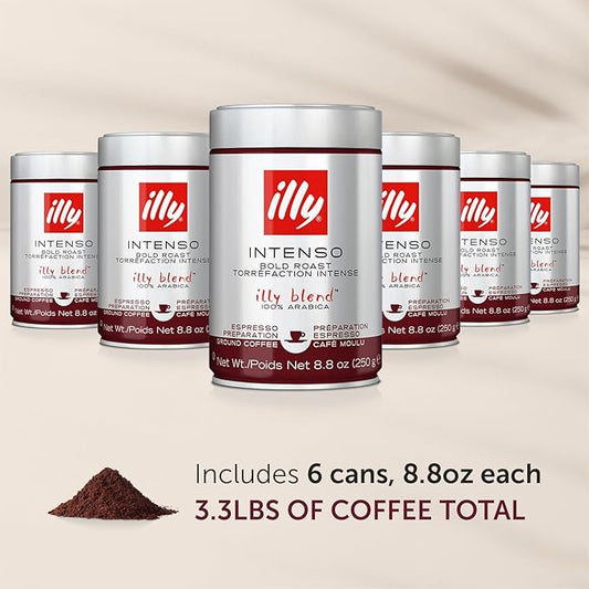 illy Ground Espresso Coffee, Intenso Dark Roast, 100% Arabica, Premium Italian Coffee, Pre-Ground for Espresso Machines, 8.8oz, 6 Pack
