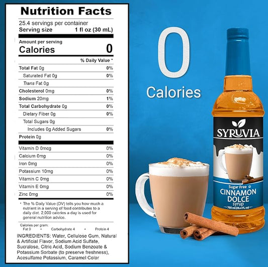 Syruvia Sugar Free Coffee Syrup, Cinnamon Dolce Flavored Syrup for Drinks, Lattes, and Desserts – 25.4 fl oz, With Pump