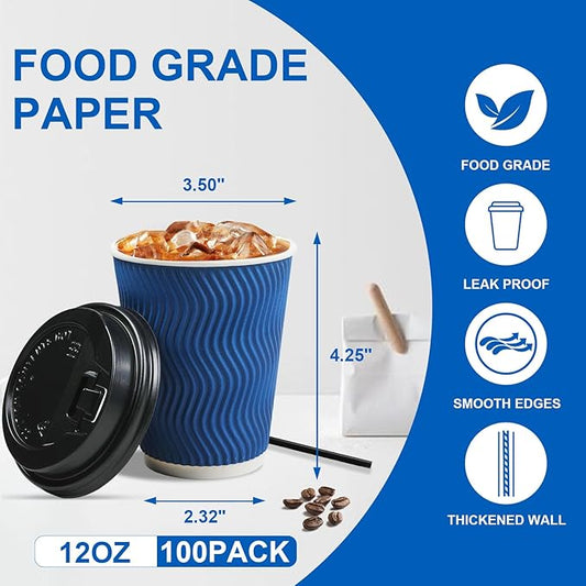 Coffee Cups, 100 Pack 12 oz Disposable Blue Insulated Paper Cups, Corrugated Kraft Ripple Wall Cup, Comes With Lids and Straws, Suitable for Hot and Cold Drinks