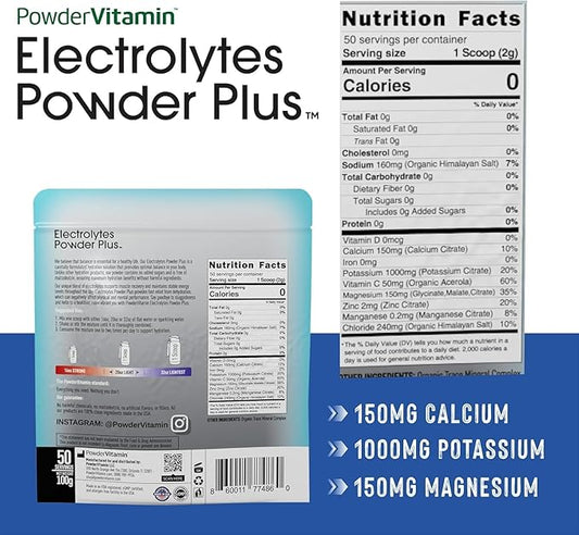 PowderVitamin Electrolytes Powder Plus (50 Servings) Unflavored Electrolyte Powder Keto, Sugar Free, Pink Himalayan Salt.,1000mg Potassium,150mg Calcium,150mg Magnesium, NO Stevia