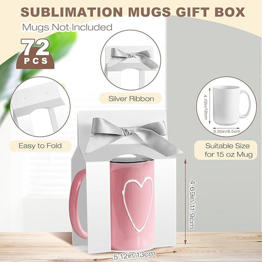 Kosiz 72 Pcs Mug Boxes Sublimation Coffee Mugs Gift Bags with Window Packaging Storage Box for Shipping Selling Wedding Valentines Gift Packaging Wrapping (for 15oz Mug,White,Silver)