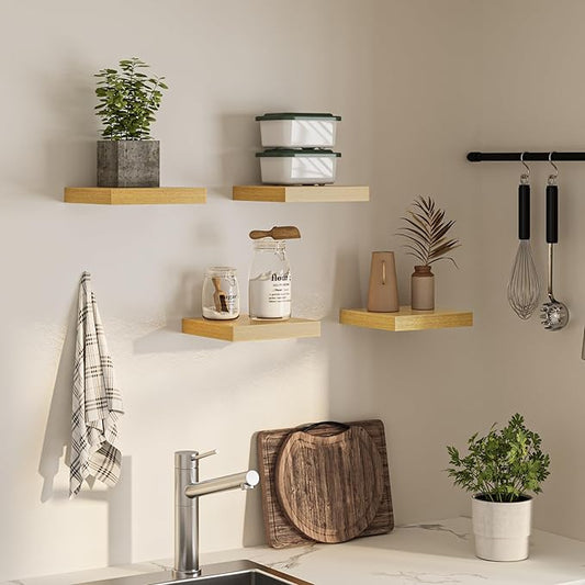 Square Floating Shelves for Wall, 10" W x 10" D x 1.4" H, Small Wooden Wall Mounted Display Shelves with Invisible Brackets for Living Room, Bedroom, Bathroom, Kitchen Decor, Set of 4, Oak