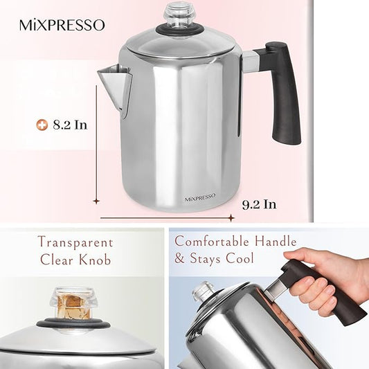 Mixpresso Stainless Steel Coffee Percolator Stovetop, 37oz Classic Percolator Coffee Pot, Great For Camping Pot, 5-8 Cup Stove Top Espresso Maker, Cool-Touch Handle