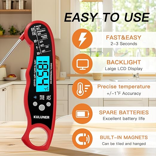 KULUNER TP-01 Waterproof Digital Instant Read Meat Thermometer with 4.6 Folding Probe Backlight Calibration Function for Cooking Food Candy, BBQ Grill, Liquids,Beef(Red)