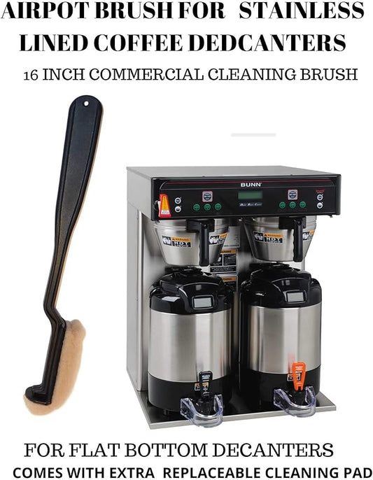 LONG HANDLE 16" COFFEE AIR POT/DECANTER URN CLEANING BRUSH FOR STAINLESS LINED THERMAL CARAFES COMMERCIAL USE UNBREAKABLE REPLACEABLE CLEANING PAD