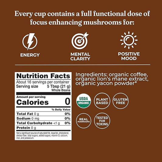 Four Sigmatic Dark Roast Organic Whole Bean Coffee | Whole Beans Coated with Lion's Mane, Chaga Mushrooms | Nootropic Mushroom Coffee for Enhanced Brain Function & Immune Support | 12oz
