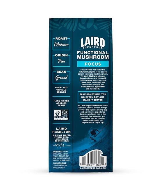 Laird Superfood Focus Coffee, Medium Roast Ground Coffee Infused with Functional Mushrooms and Botanical Adaptogens, 12 oz. Bag