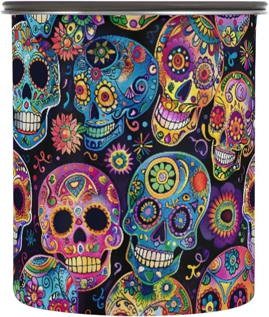 ALAZA Sugar Skulls Day Of Dead Airtight Coffee Bean Canister 500ml Food Storage Containers with Lids For Gournd, Tea, Sugar, Flour, Rice, Cereal, Candy Cookie Jar