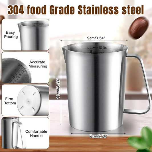 4 Pcs Stainless Steel Pitcher with Handle and Pour Lip 16OZ, 500ML, 2 Cup Metal Liquid Measuring Cup Measuring Jug Milk Frothing Pitcher for Milk Latte Art Water Pouring